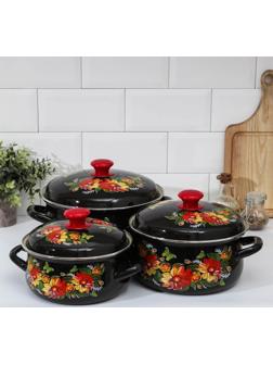 Набор кастрюль «Дуновение-1», 3 предмета: 2 л, 3 л, 4 л, d=20,5/23/26 см, индукция, цвет чёрный