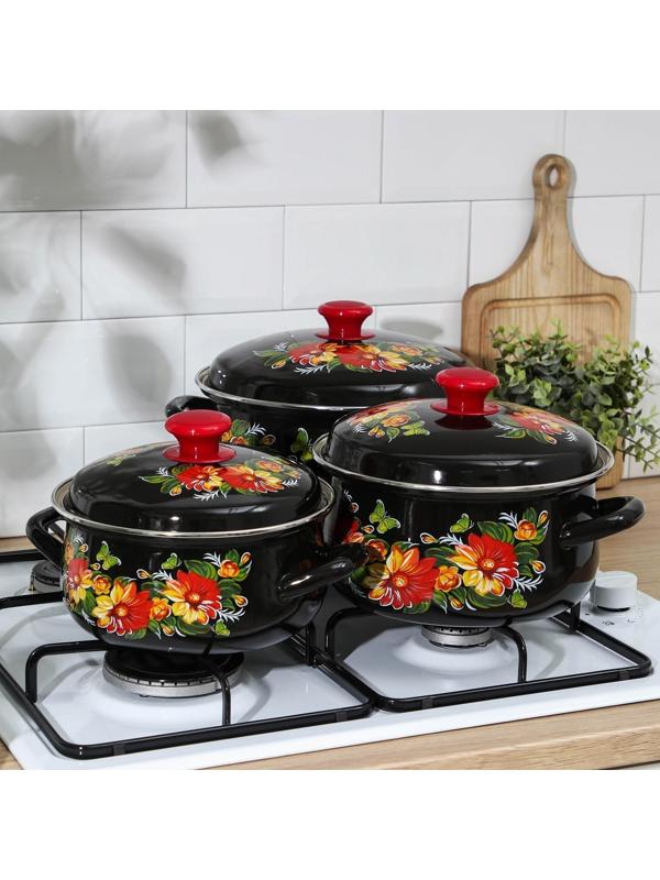 Набор кастрюль «Дуновение-1», 3 предмета: 2 л, 3 л, 4 л, d=20,5/23/26 см, индукция, цвет чёрный