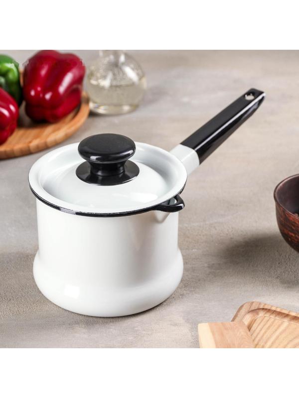 Ковш, 1 л, без деколи, эмалированная крышка, металлическая ручка, индукция, цвет белый