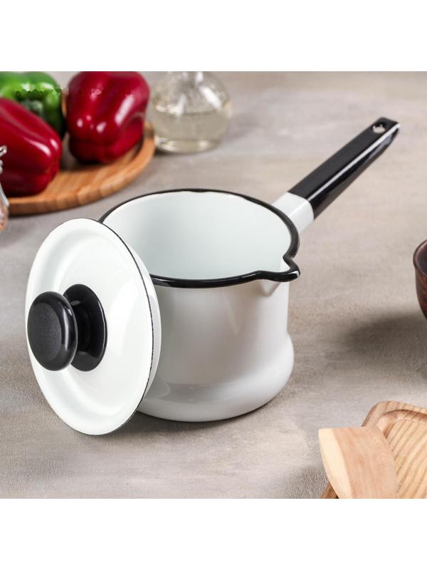 Ковш, 1 л, без деколи, эмалированная крышка, металлическая ручка, индукция, цвет белый