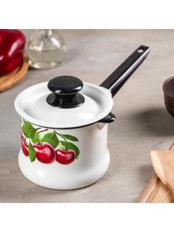 Ковш «Вишневый сад», 1 л, эмалированная крышка, металлическая ручка, индукция, цвет белый