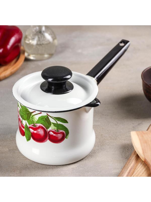 Ковш «Вишневый сад», 1 л, эмалированная крышка, металлическая ручка, индукция, цвет белый