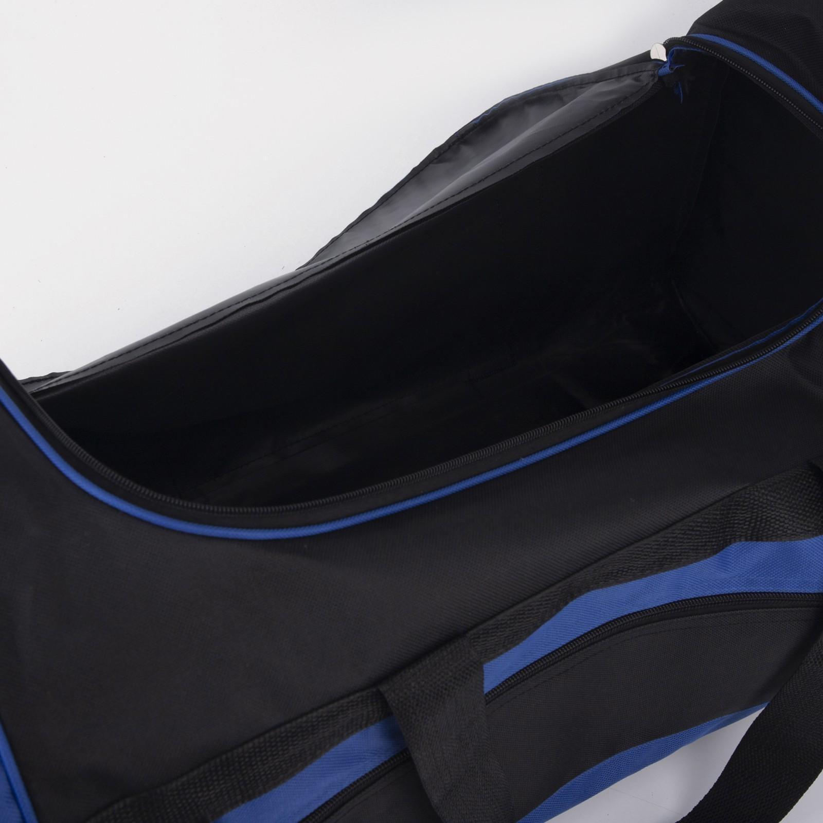 Сумка спортивная, 3 отдела на молниях, наружный карман, длинный ремень, цвет чёрный/синий