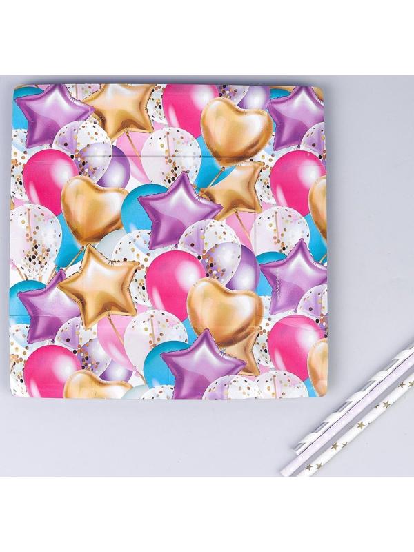 Тарелка бумажная «С днём рождения», шары, квадратная