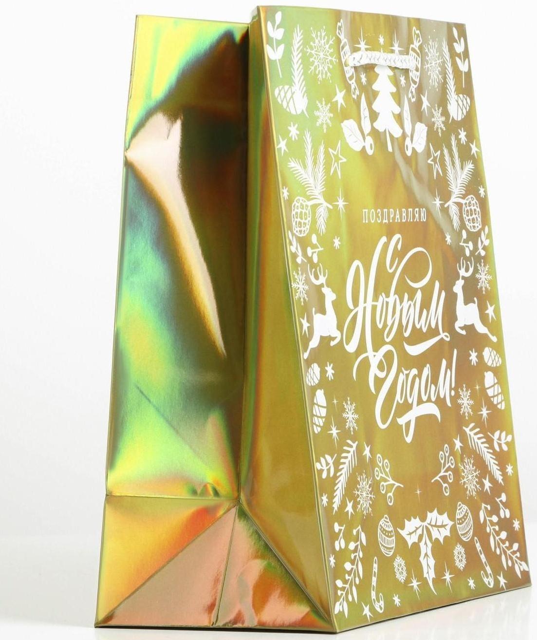 Пакет голография вертикальный «Поздравляю с Новым годом», MS 23 × 18 × 10 см