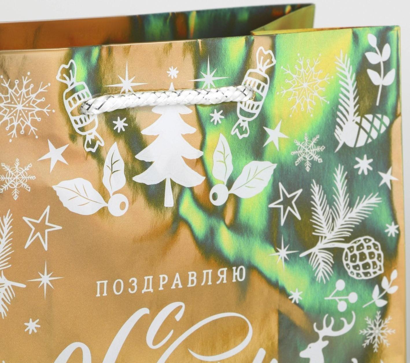 Пакет голография вертикальный «Поздравляю с Новым годом», MS 23 × 18 × 10 см