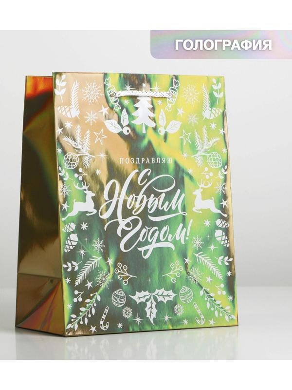 Пакет голография вертикальный «Поздравляю с Новым годом», MS 23 × 18 × 10 см