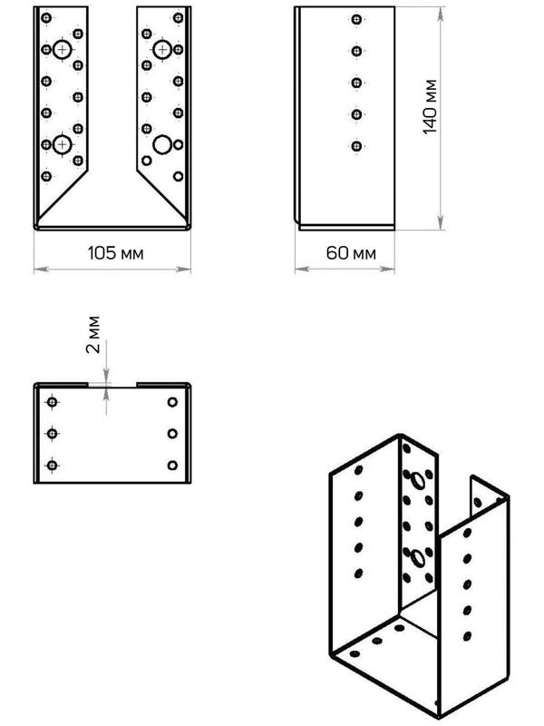 Опора бруса ТУНДРА krep, закрытая, 140х105х60х2 мм, цинк, в упаковке 1 шт.