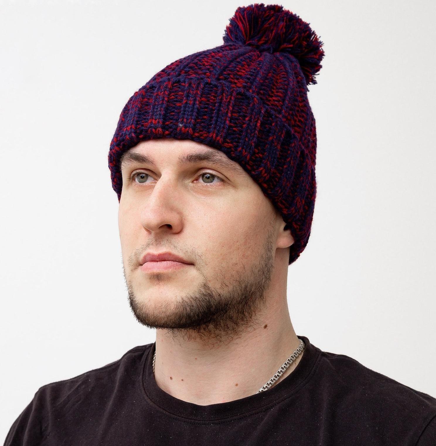 Шапка мужская MINAKU Меланж с помпоном, размер 56, цвет синий/бордовый