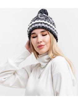 Шапка женская MINAKU с помпоном и подворотом, размер 54-56, цвет черный