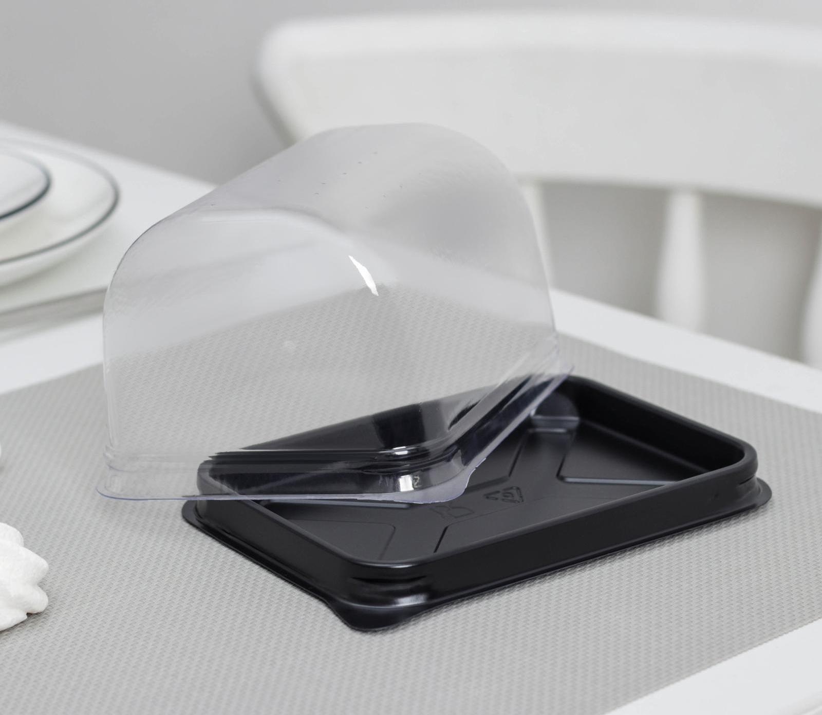 Тортовница одноразовая с крышкой, внешний размер 15,3×11,6×8,2 см, дно 13×9,3×8,1 см, цвет прозрачный, чёрный