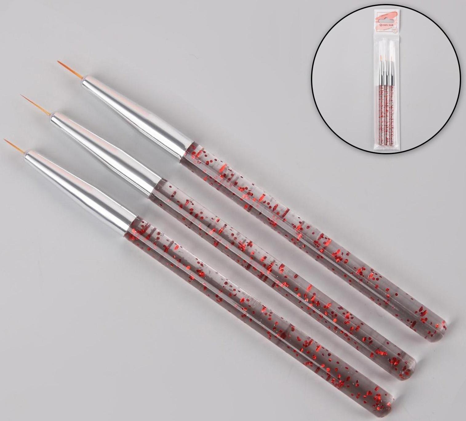 Набор кистей для дизайна ногтей, 3 шт, 13,5 см, цвет прозрачный/красный