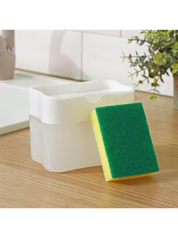 Дозатор для моющего средства с подставкой для губки, губка в комплекте, 385 мл, цвет белый