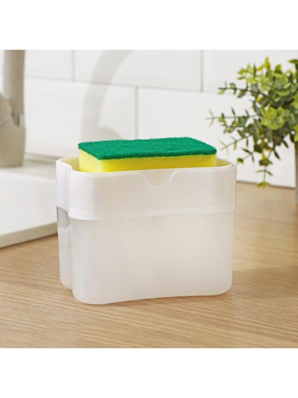 Дозатор для моющего средства с подставкой для губки, губка в комплекте, 385 мл, цвет белый