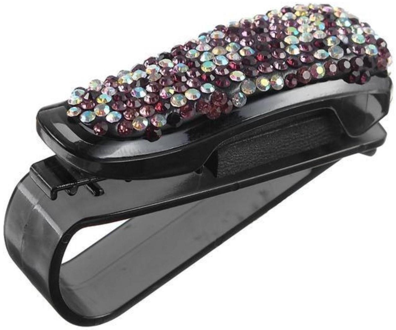 Держатель очков зажим с светло-розовыми стразами, чёрный