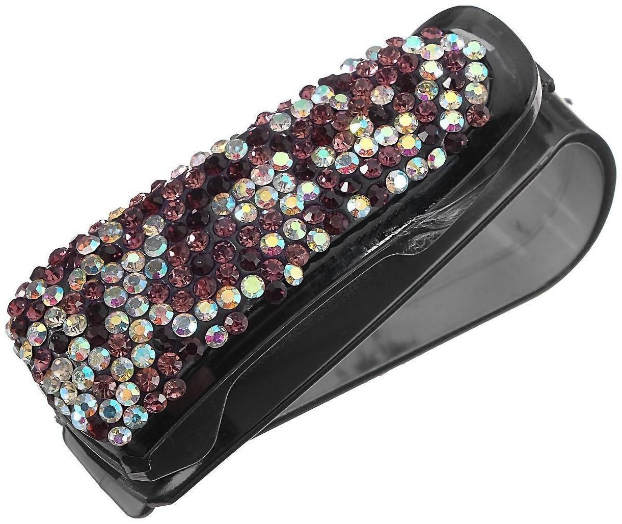 Держатель очков зажим с светло-розовыми стразами, чёрный