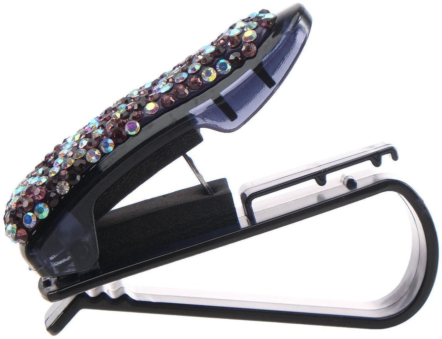 Держатель очков зажим с светло-розовыми стразами, чёрный