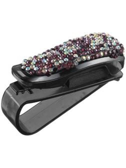 Держатель очков зажим с светло-розовыми стразами, чёрный
