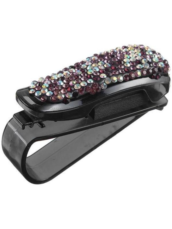 Держатель очков зажим с светло-розовыми стразами, чёрный