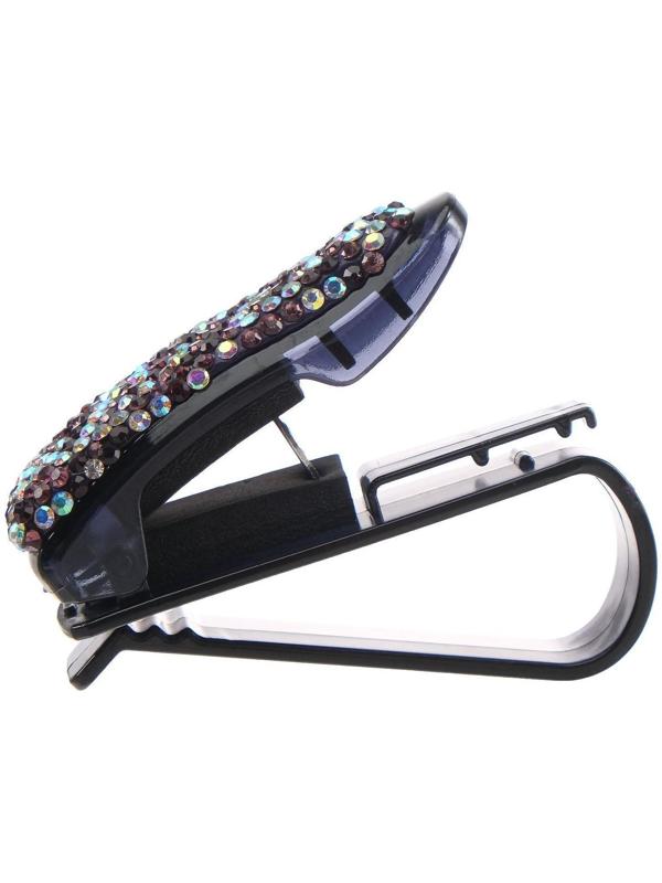 Держатель очков зажим с светло-розовыми стразами, чёрный