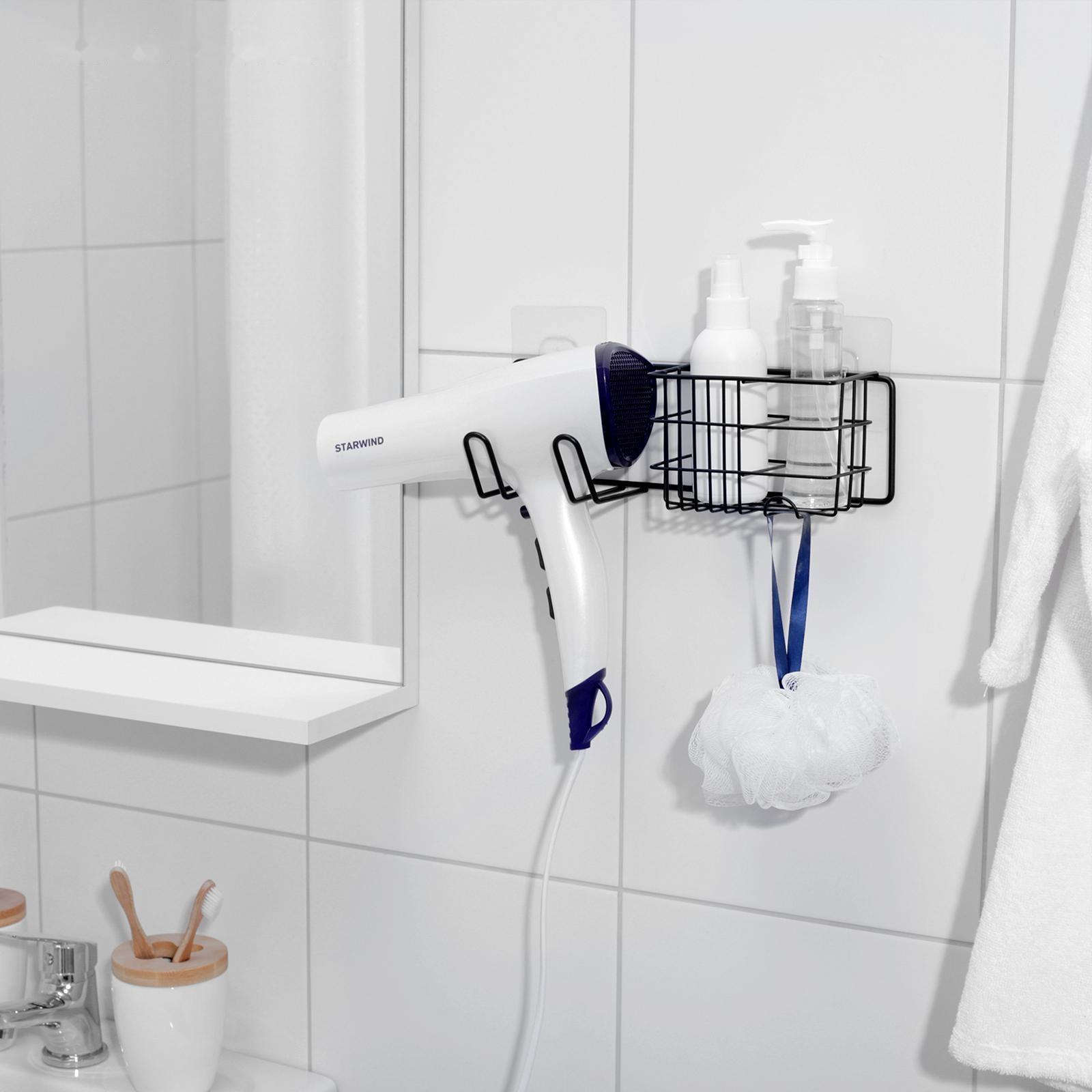 Полка на липучке с держателем для фена, 27×8×8 см, цвет чёрный