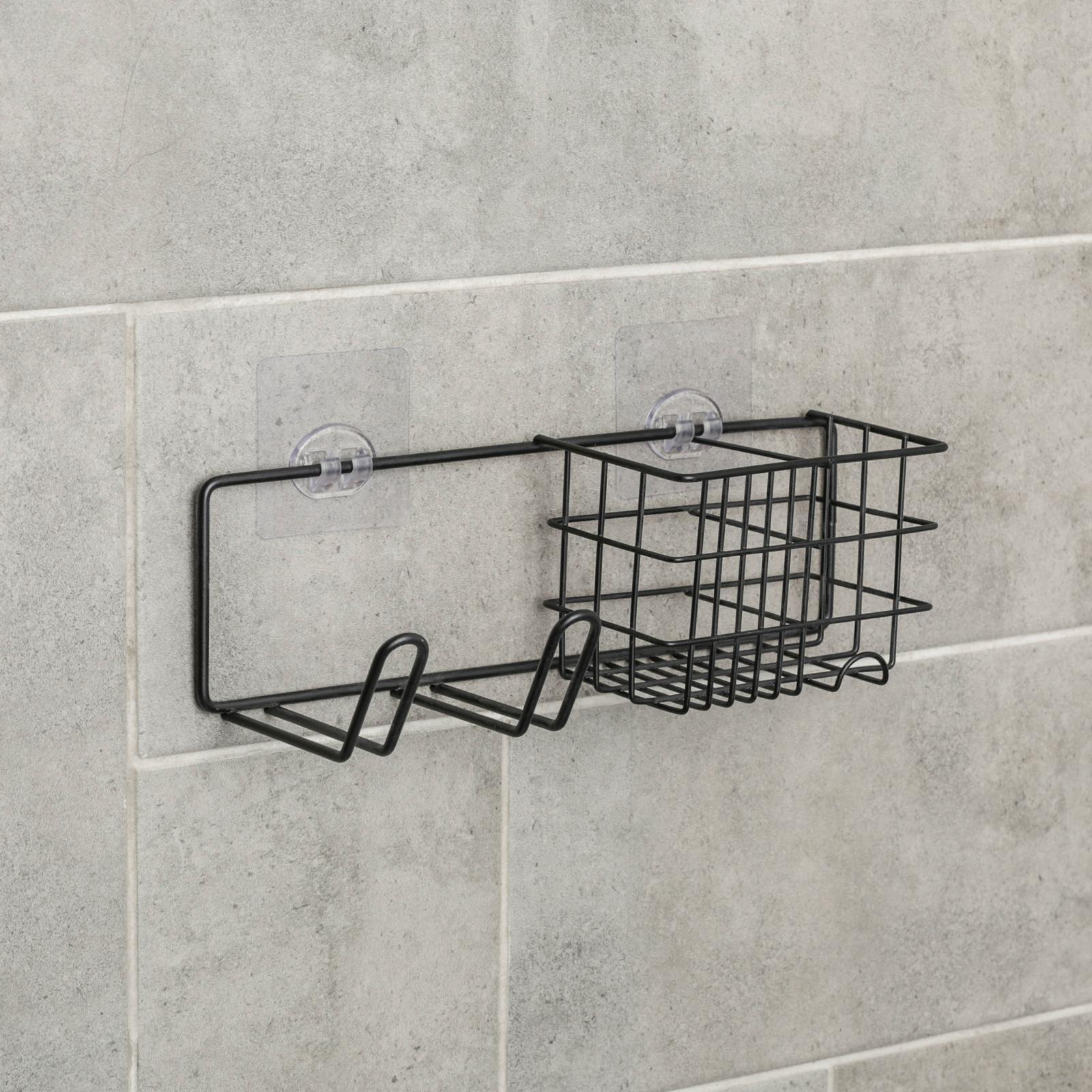 Полка на липучке с держателем для фена, 27×8×8 см, цвет чёрный