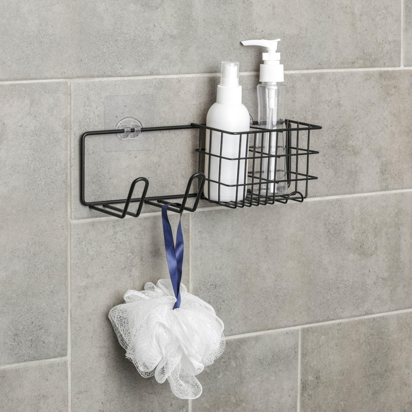 Полка на липучке с держателем для фена, 27×8×8 см, цвет чёрный