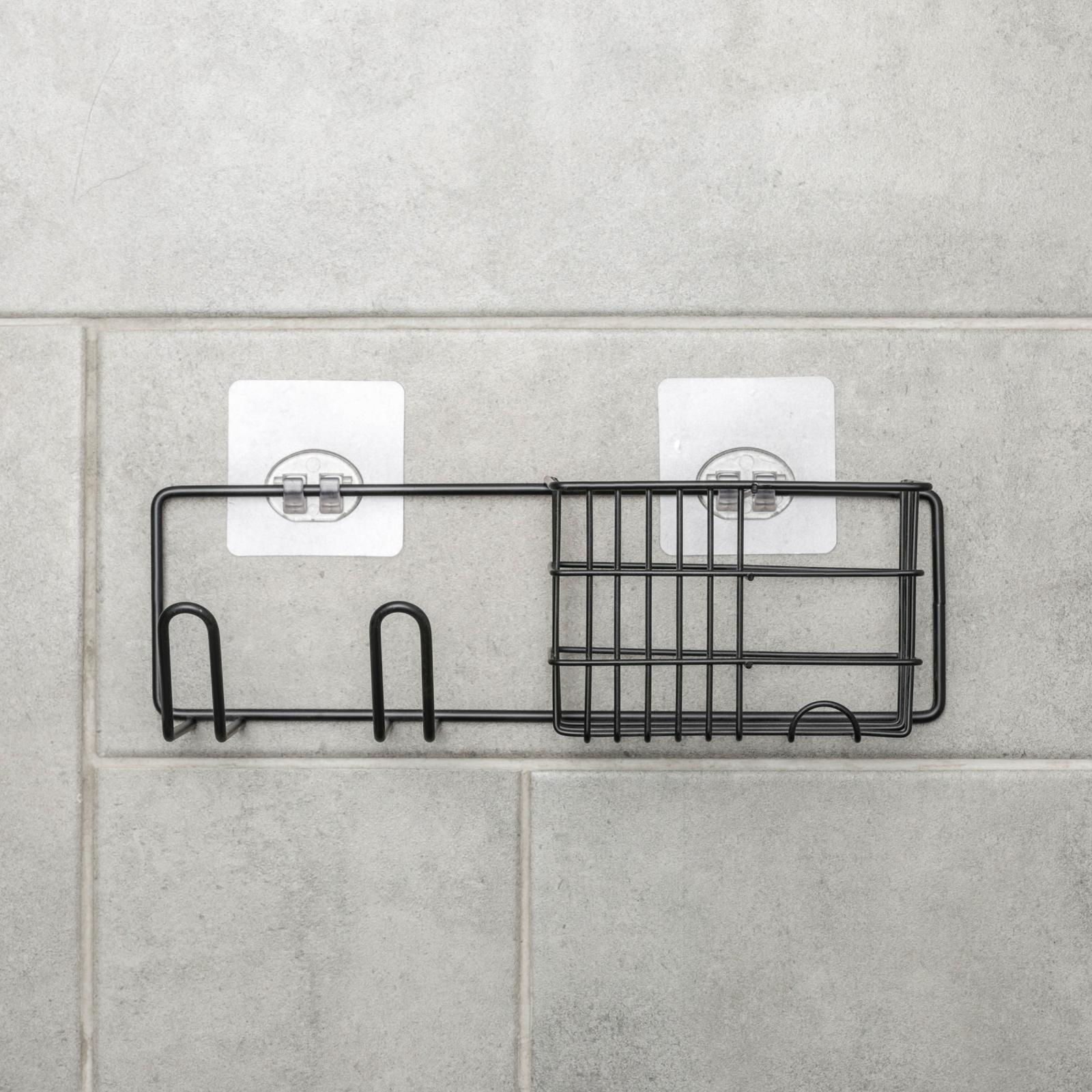 Полка на липучке с держателем для фена, 27×8×8 см, цвет чёрный