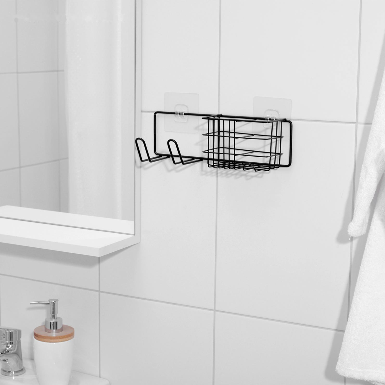 Полка на липучке с держателем для фена, 27×8×8 см, цвет чёрный