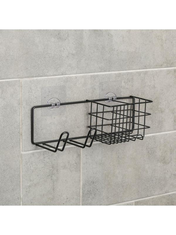 Полка на липучке с держателем для фена, 27×8×8 см, цвет чёрный