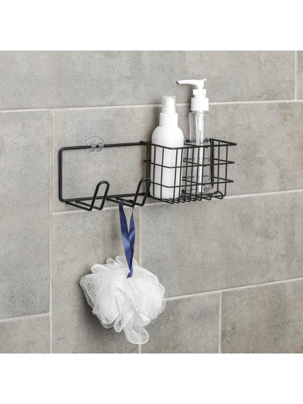 Полка на липучке с держателем для фена, 27×8×8 см, цвет чёрный