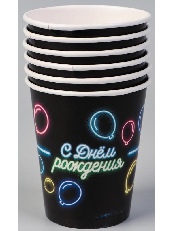 Набор бумажной посуды «С днём рождения», неон, 6 тарелок, 6 стаканов, 1 гирлянда