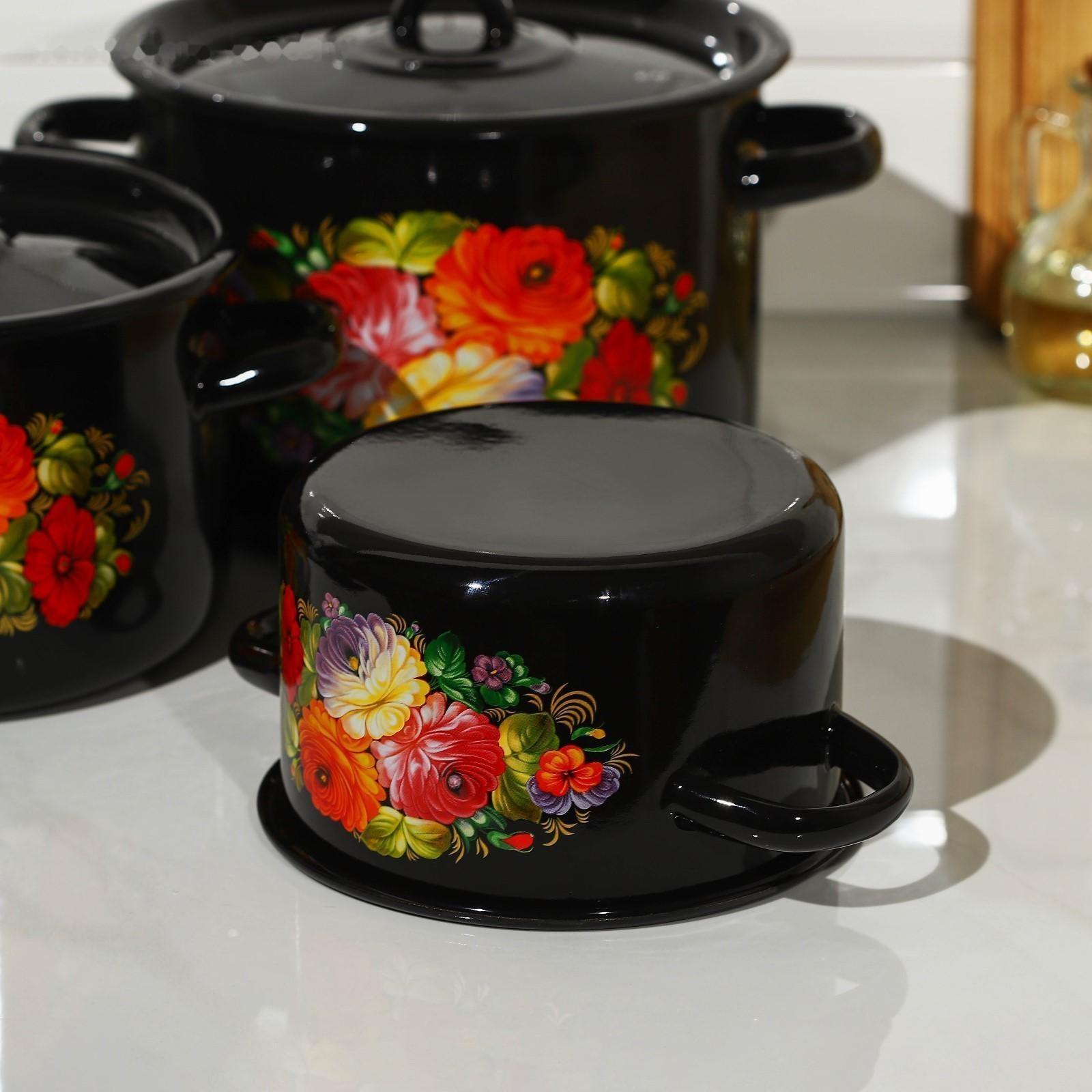 Набор кастрюль «Жостово», 3 предмета: 1,5 л, 2,9 л, 4,5 л, эмалированные крышки, индукция, цвет чёрный