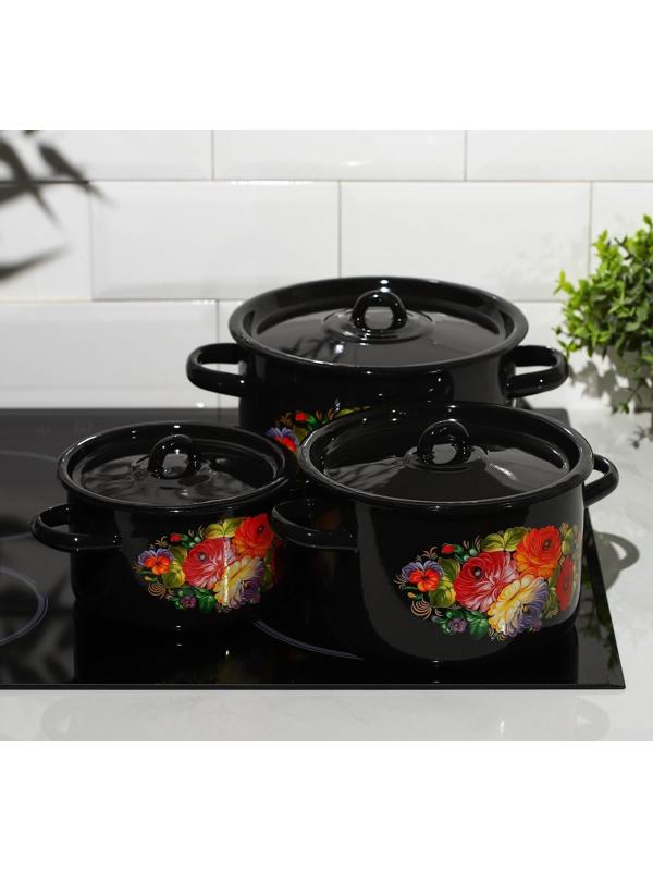 Набор кастрюль «Жостово», 3 предмета: 1,5 л, 2,9 л, 4,5 л, эмалированные крышки, индукция, цвет чёрный