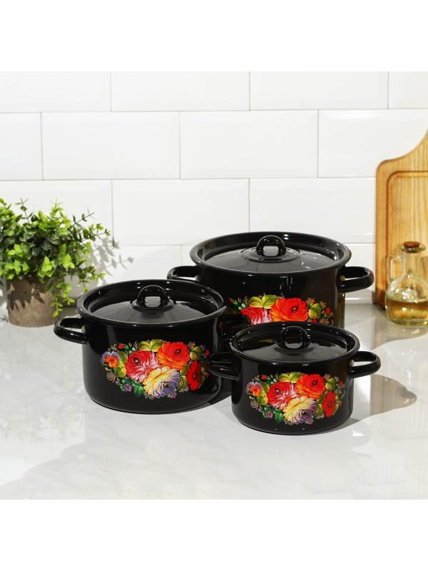 Набор кастрюль «Жостово», 3 предмета: 1,5 л, 2,9 л, 4,5 л, эмалированные крышки, индукция, цвет чёрный
