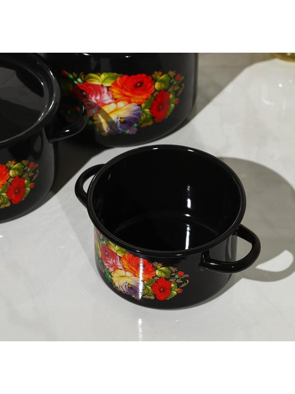 Набор кастрюль «Жостово», 3 предмета: 1,5 л, 2,9 л, 4,5 л, эмалированные крышки, индукция, цвет чёрный