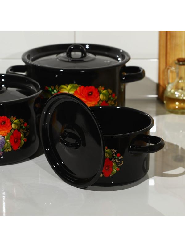 Набор кастрюль «Жостово», 3 предмета: 1,5 л, 2,9 л, 4,5 л, эмалированные крышки, индукция, цвет чёрный