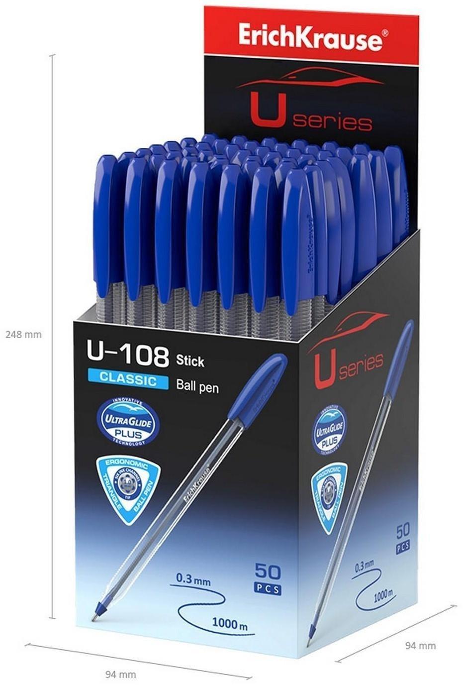 Ручка шариковая ErichKrause U-108 Classic Stick, игольчатый узел 1,0 мм, чернила синие, ультра-мягкое письмо