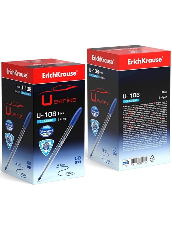 Ручка шариковая ErichKrause U-108 Classic Stick, игольчатый узел 1,0 мм, чернила синие, ультра-мягкое письмо