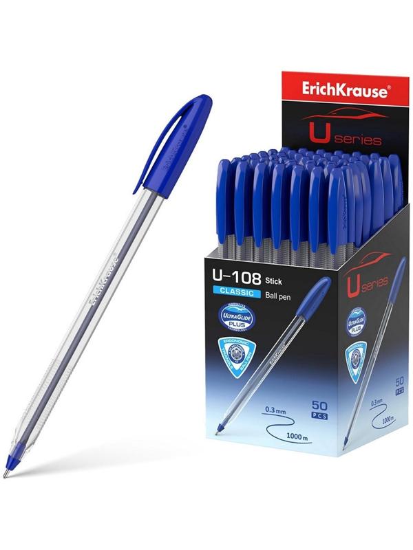 Ручка шариковая ErichKrause U-108 Classic Stick, игольчатый узел 1,0 мм, чернила синие, ультра-мягкое письмо
