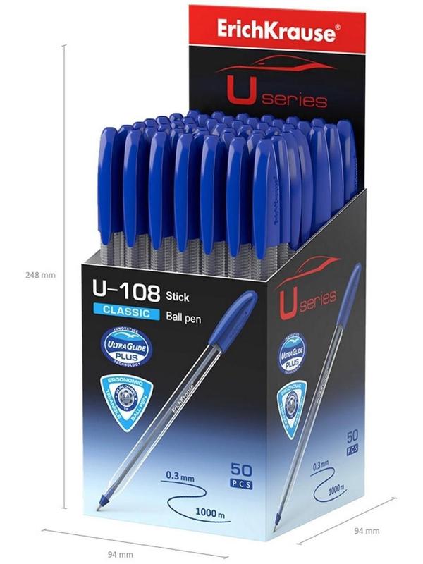 Ручка шариковая ErichKrause U-108 Classic Stick, игольчатый узел 1,0 мм, чернила синие, ультра-мягкое письмо