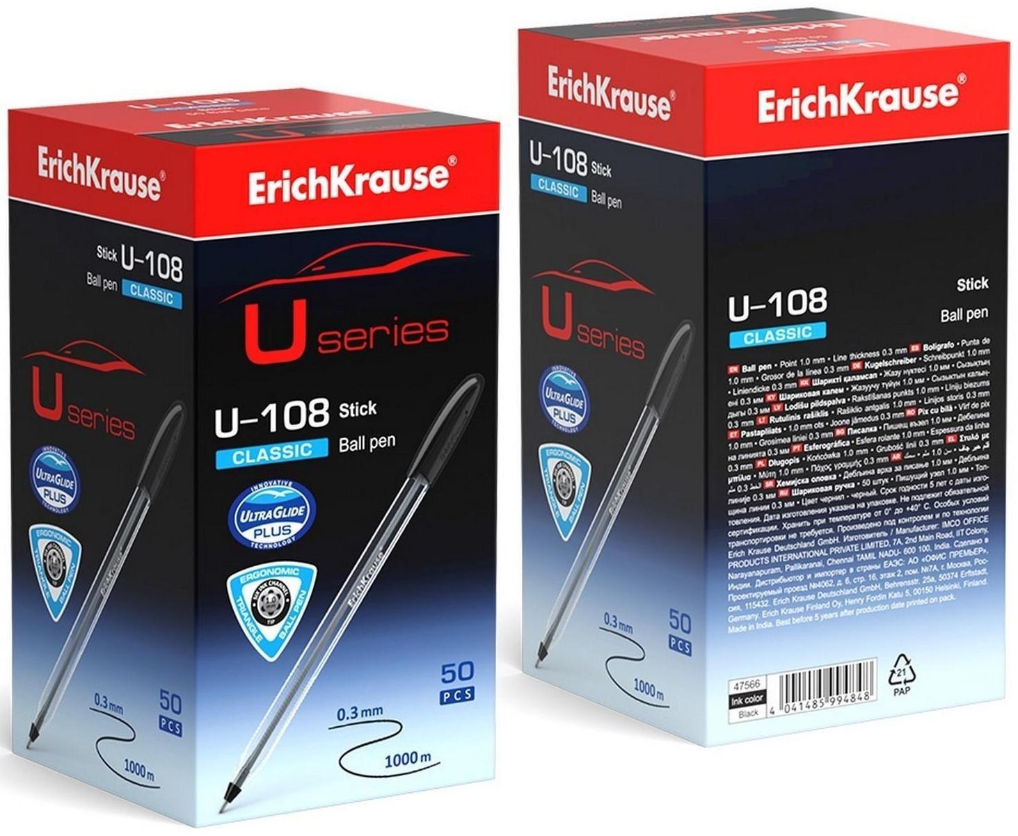 Ручка шариковая ErichKrause U-108 Classic Stick, игольчатый узел 1,0 мм, чернила чёрные, ультра-мягкое письмо