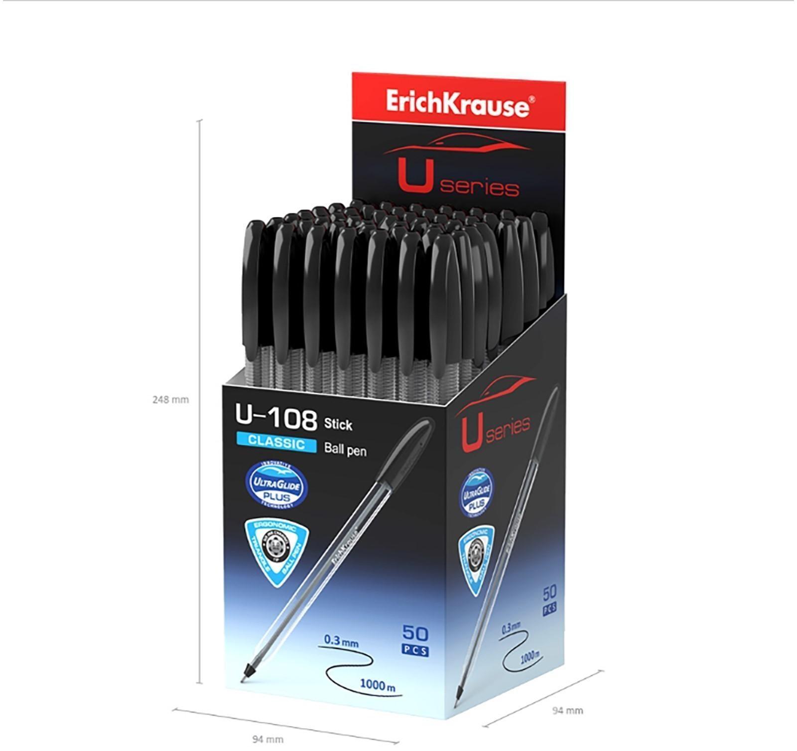 Ручка шариковая ErichKrause U-108 Classic Stick, игольчатый узел 1,0 мм, чернила чёрные, ультра-мягкое письмо