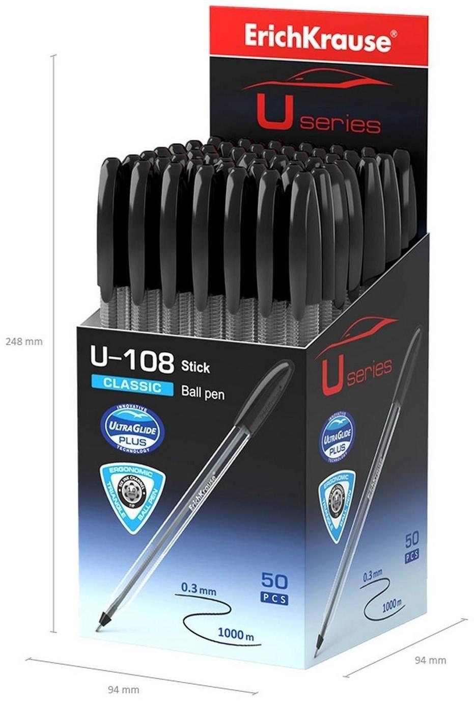 Ручка шариковая ErichKrause U-108 Classic Stick, игольчатый узел 1,0 мм, чернила чёрные, ультра-мягкое письмо