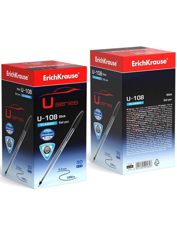 Ручка шариковая ErichKrause U-108 Classic Stick, игольчатый узел 1,0 мм, чернила чёрные, ультра-мягкое письмо
