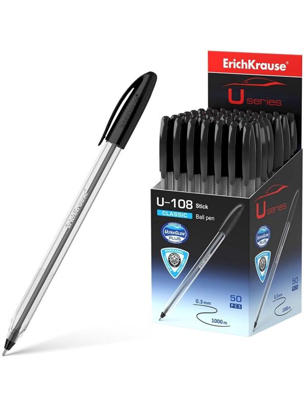 Ручка шариковая ErichKrause U-108 Classic Stick, игольчатый узел 1,0 мм, чернила чёрные, ультра-мягкое письмо