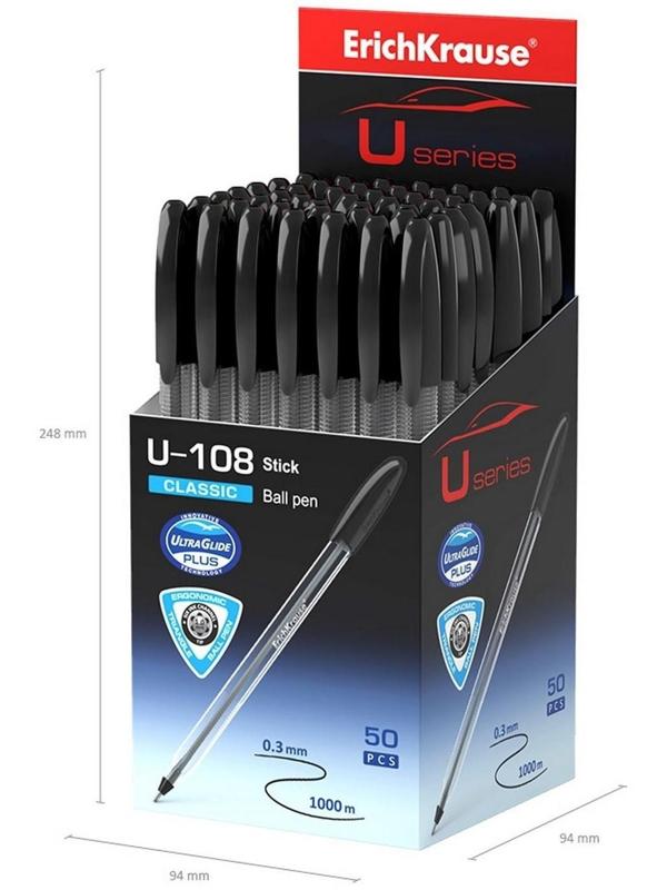 Ручка шариковая ErichKrause U-108 Classic Stick, игольчатый узел 1,0 мм, чернила чёрные, ультра-мягкое письмо