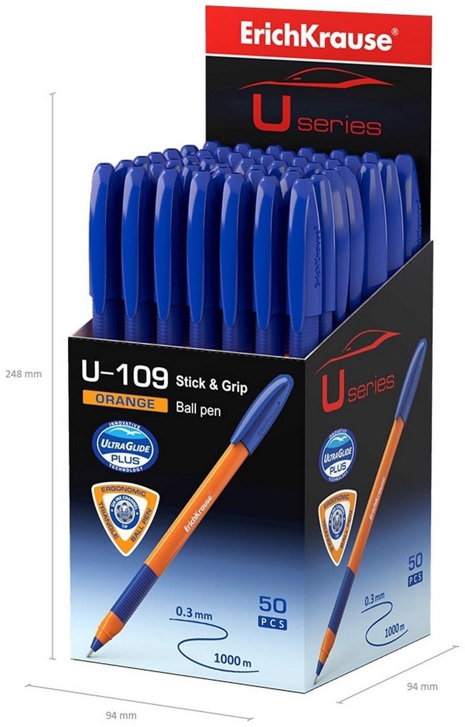 Ручка шариковая ErichKrause U-109 Orange Stick&Grip, игольчатый узел 1,0 мм, чернила синие, ультра-мягкое письмо