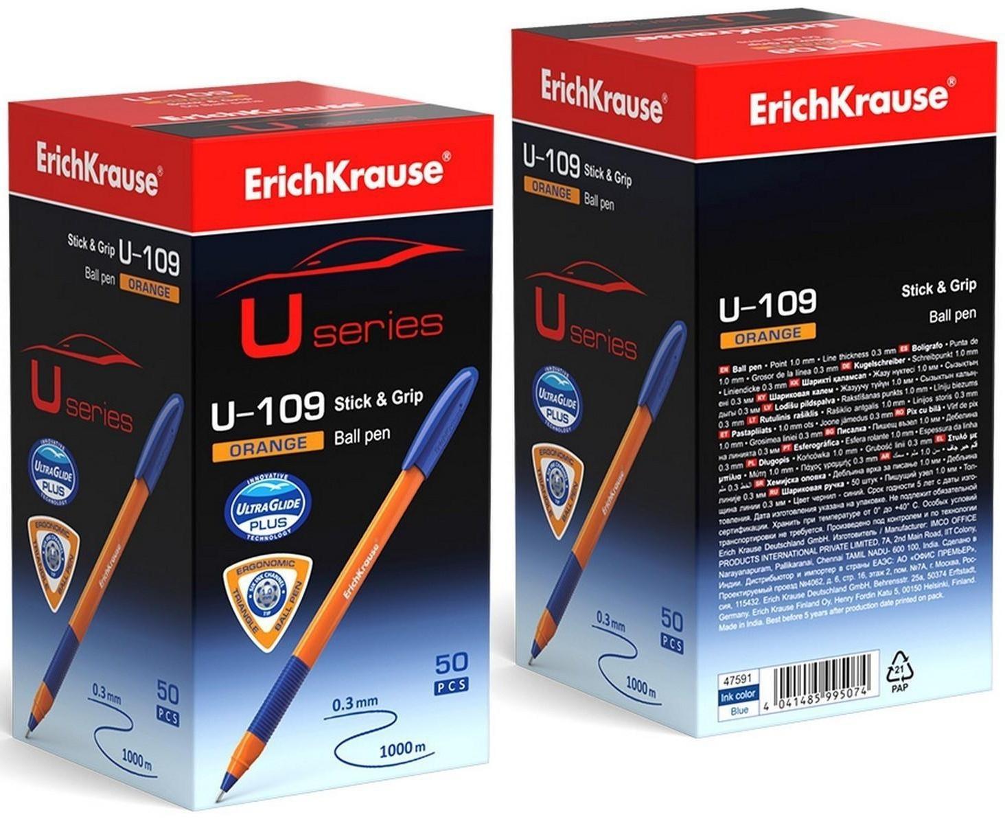 Ручка шариковая ErichKrause U-109 Orange Stick&Grip, игольчатый узел 1,0 мм, чернила синие, ультра-мягкое письмо