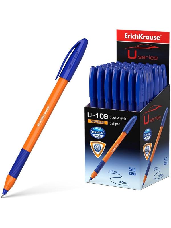 Ручка шариковая ErichKrause U-109 Orange Stick&Grip, игольчатый узел 1,0 мм, чернила синие, ультра-мягкое письмо